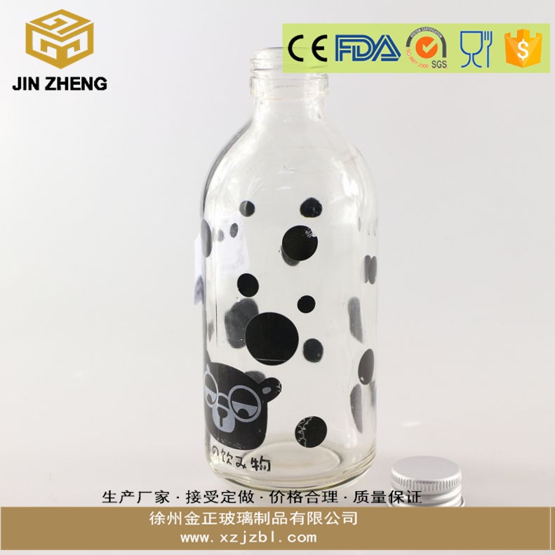 厂家 250ml圆形透明饮料瓶 玻璃果汁瓶 铝盖牛奶瓶 定制图案