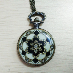 宮廷復古滴膠大號鑲鑽綠底黃花細鏈懷表 歐美鑲鑽花懷表項鍊8071