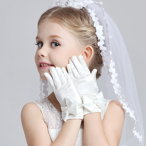 Children flower girls long gloves Baby Flower Girl princess fairy Dress piano model show stage performance Gloves White Pink Girls Bowknot birthday party cosplay Gloves