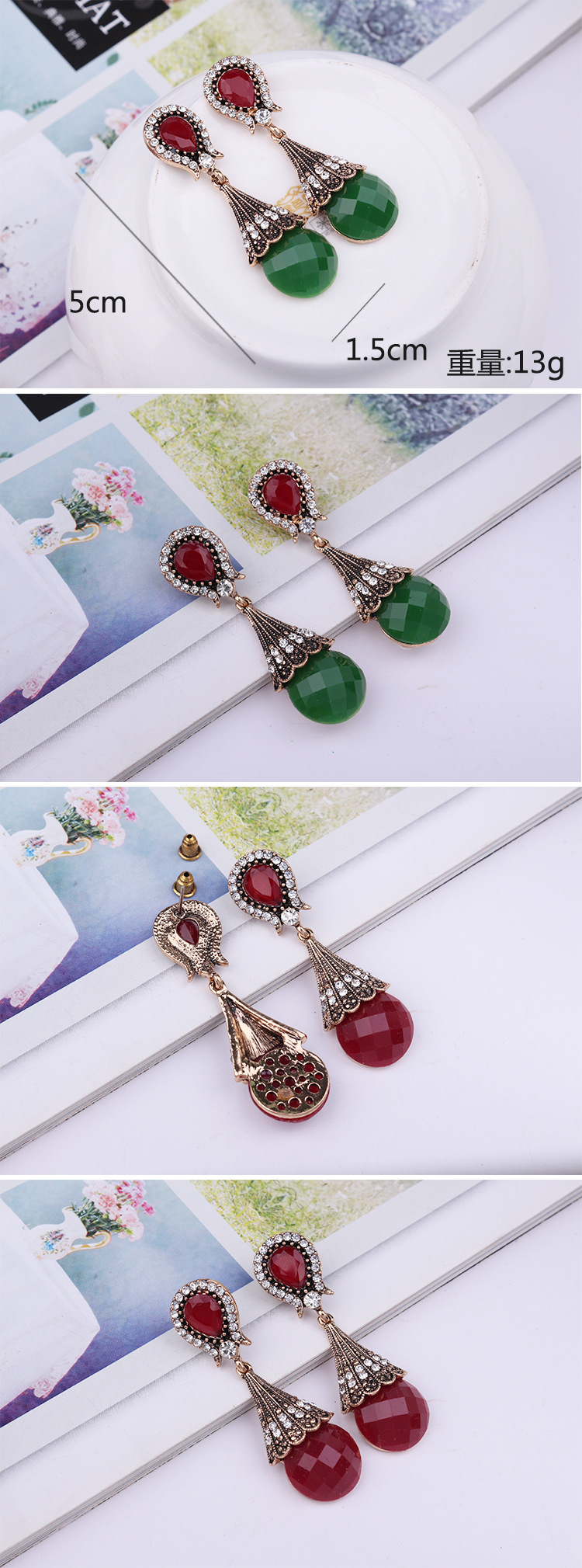 Fashion Water Drop Retro Contrast Color Inlaid Rhinestone Drop Earrings Wholesale display picture 1