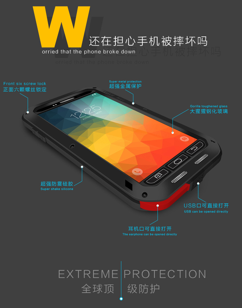 LOVE MEI Powerful Water Resistant Shockproof Aluminum Metal Heavy Duty Case Cover for Samsung Galaxy Note 5