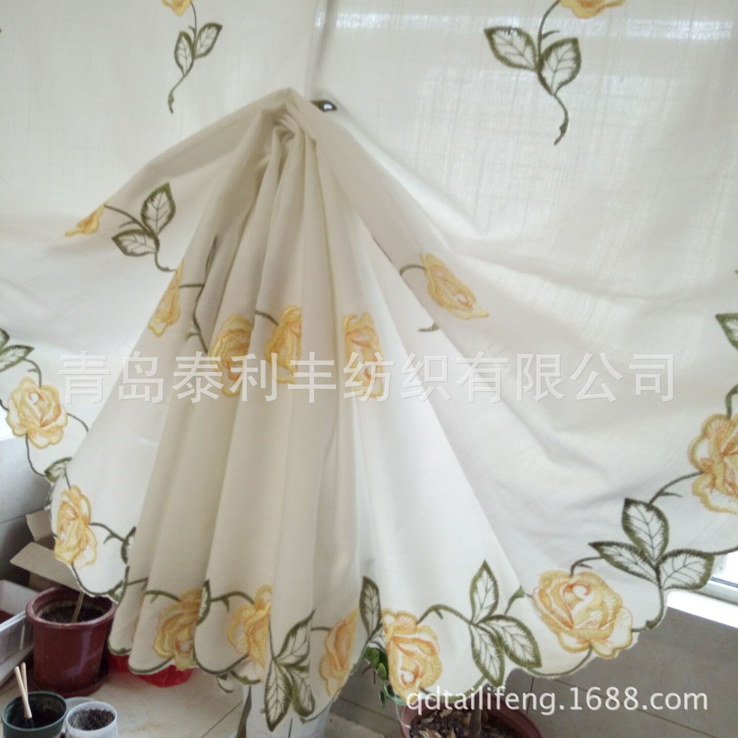 竹节布黄玫瑰提拉窗帘 飘窗气球帘 门帘电脑绣 窗纱一件代发