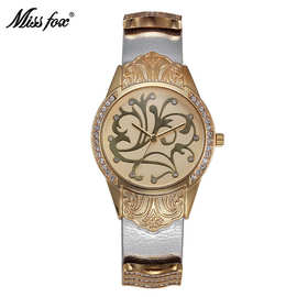 MISS FOX合金皮带手表金色镶钻圆形手表防水欧式女士石英表