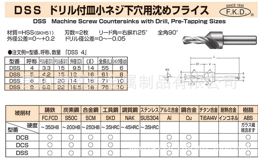 日本F*K*D带钻头平头小螺丝用沉孔铣刀DCS-6/DCS-3/DCS-4/DCS-5