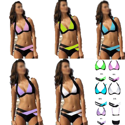 16新款拼色比基尼  黑白撞色女士分体泳装交叉绑带性感泳衣|ms