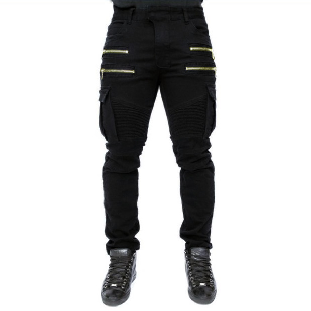 Sumitong new men's pleated elastic small leg jeans zipper decoration large Multi Pocket pants