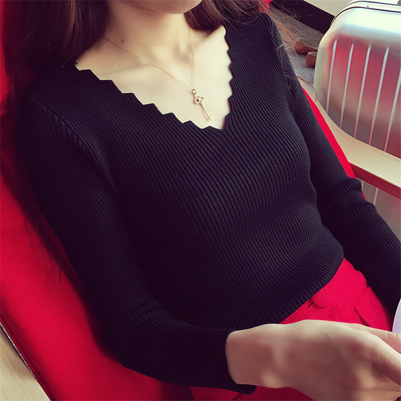 韓國代購套頭V領毛衣女秋季新款女士毛衣豎紋修身純色針織毛衣潮