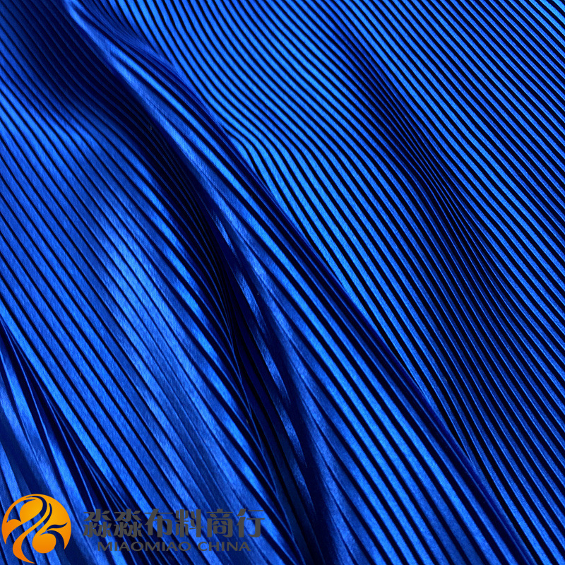 服装布料 宝蓝色细条纹风琴褶压皱百褶仿真丝色丁 不透半身裙面料