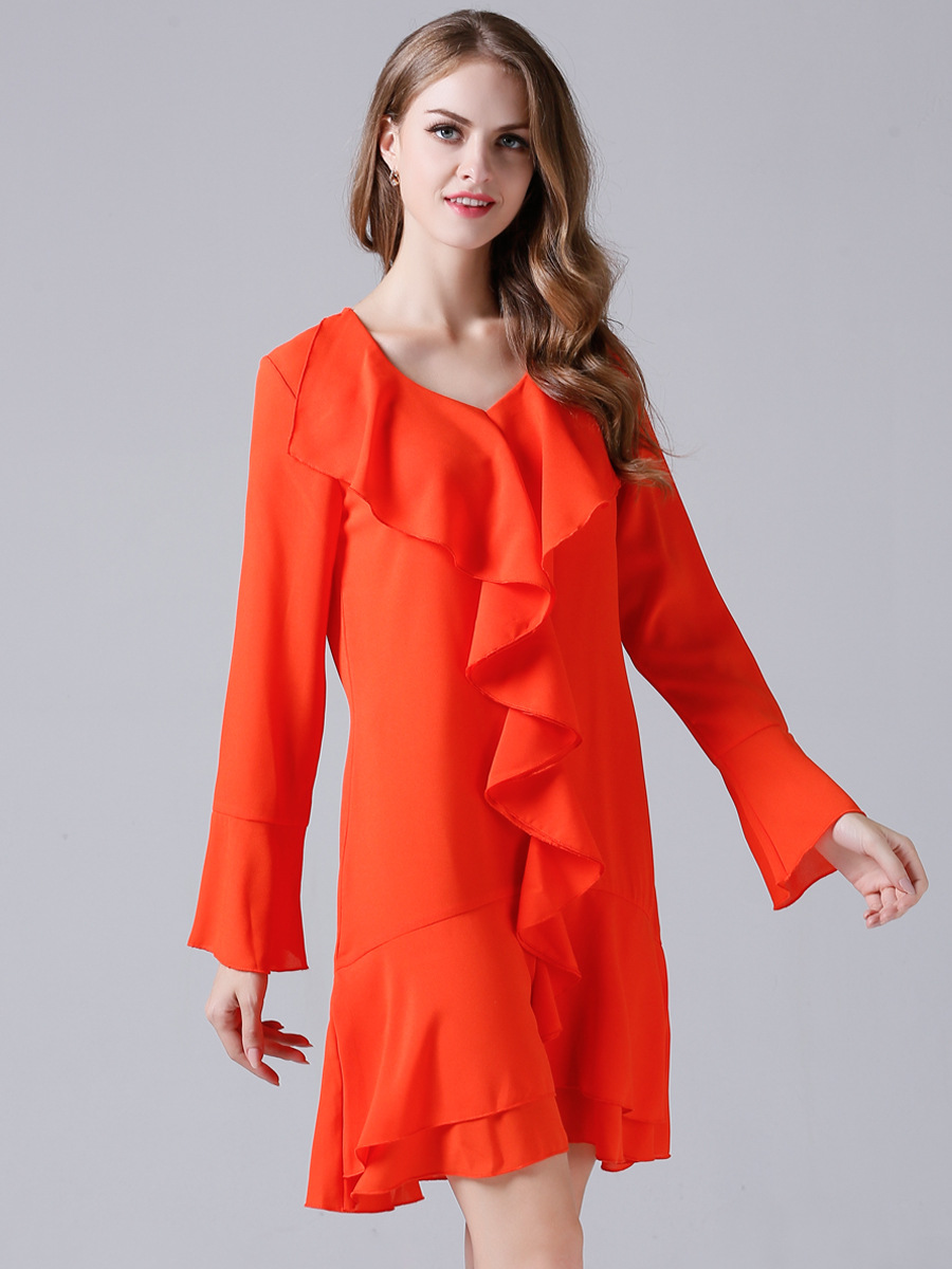 frill collar slim chiffon long-sleeved dress NSJR51582