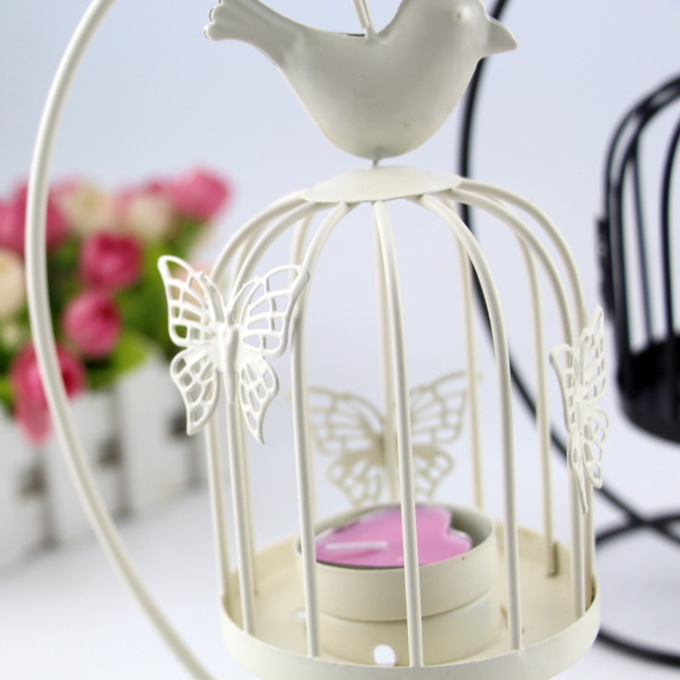European Style Wrought Iron Bird Cage Wind Lantern Butterfly Bird Metal Candle Holder