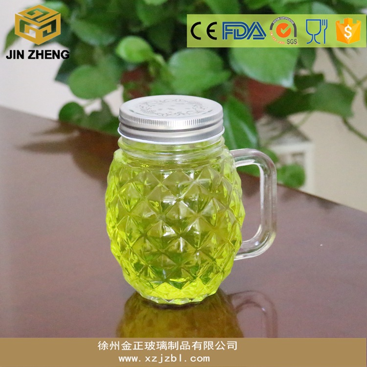 厂家供应480ml丝口菠萝3D瓶 透明带手柄玻璃梅森瓶 配马口铁盖