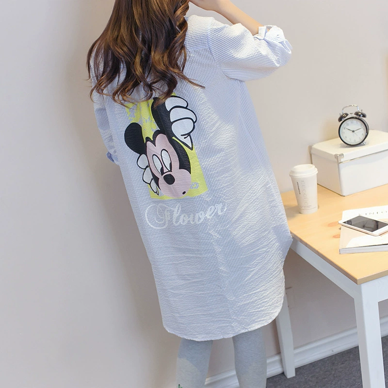 Осенняя женская рубашка из сирсакера в Корейском стиле для беременных, Топ с длинным рукавом и милым рисунком Микки для беременных
