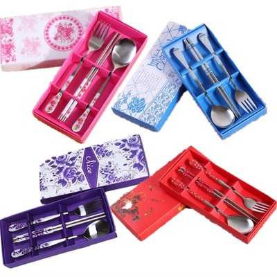 originality gift Stainless steel tableware Three decorative pattern tableware suit chopsticks Fruit fork Spoon