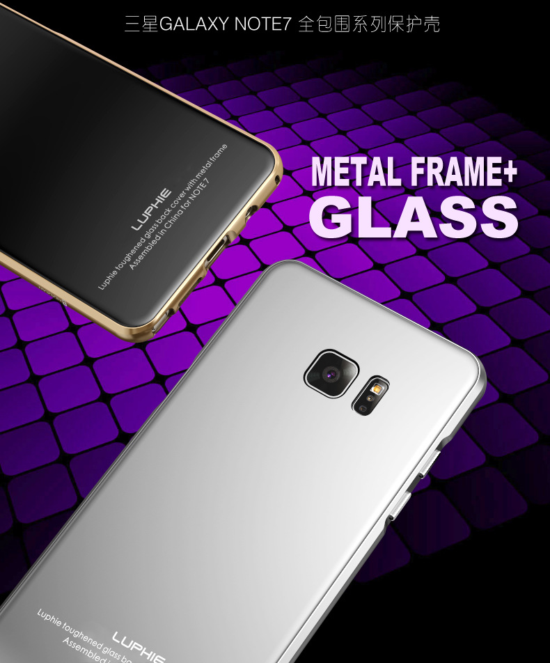 Luphie Aircraft Aluminum Metal Frame 9H Tempered Glass Back Cover Case for Samsung Galaxy Note 7 N9300