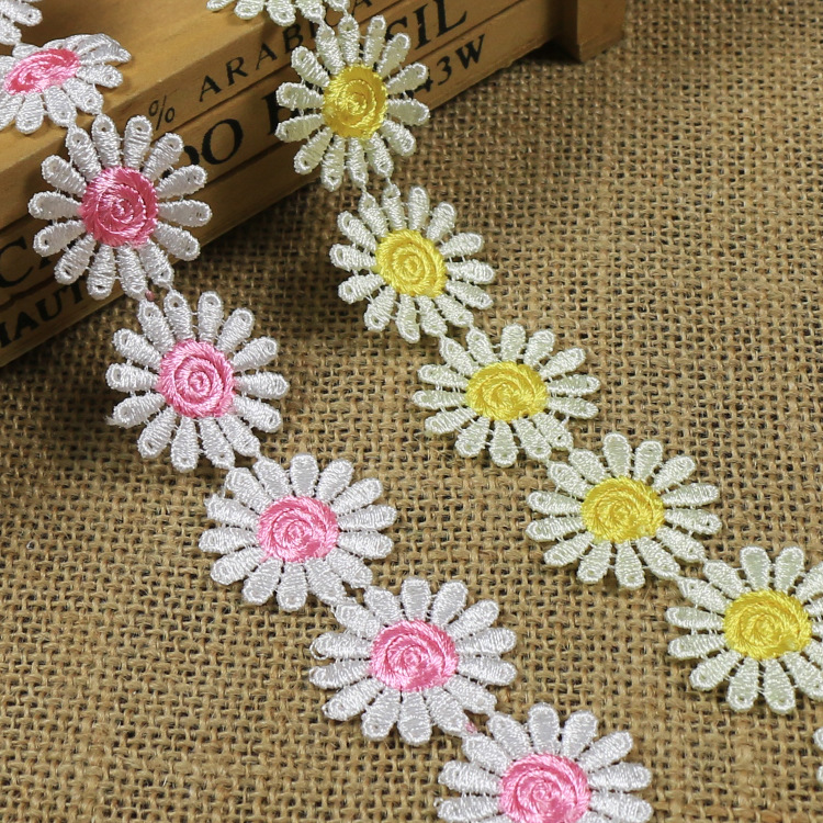 新款春秋女装装饰花边 红色黄色大号蜗牛芯 双色刺绣蕾丝花边厂家