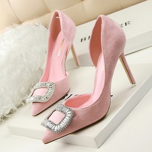 519-2 han edition show thin sexy stilettos with high with shallow mouth pointed suede hollow out diamond buckle shoes