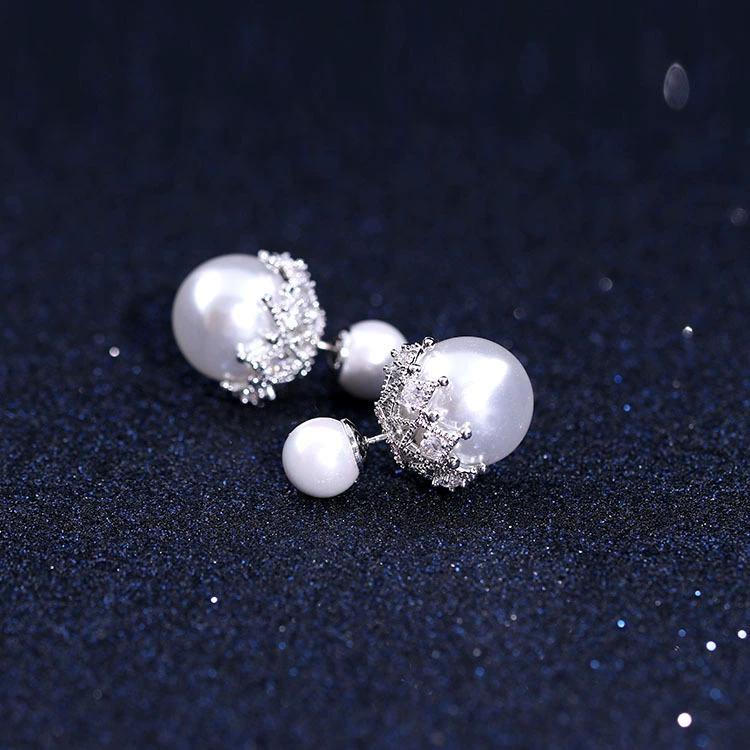  серебряная игла из жемчуга, двусторонние серьги, цирконий, проба серебро 925, корейский стиль, простой и элегантный дизайн, микро инкрустация