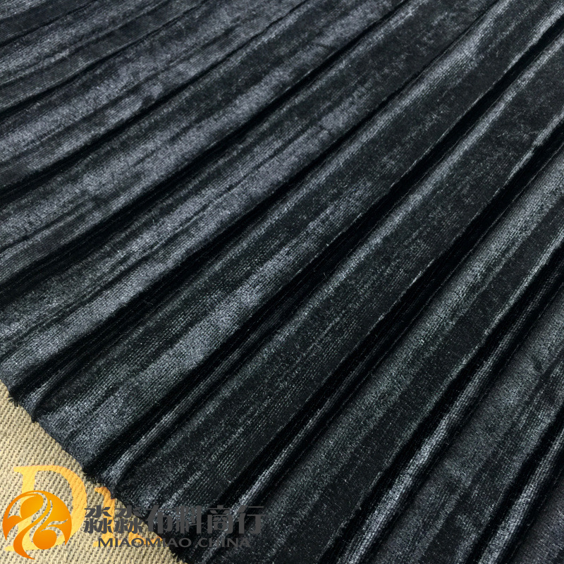 秋冬装服饰布料 纯黑色电光风琴褶压皱褶金丝绒 百褶连衣裙子面料