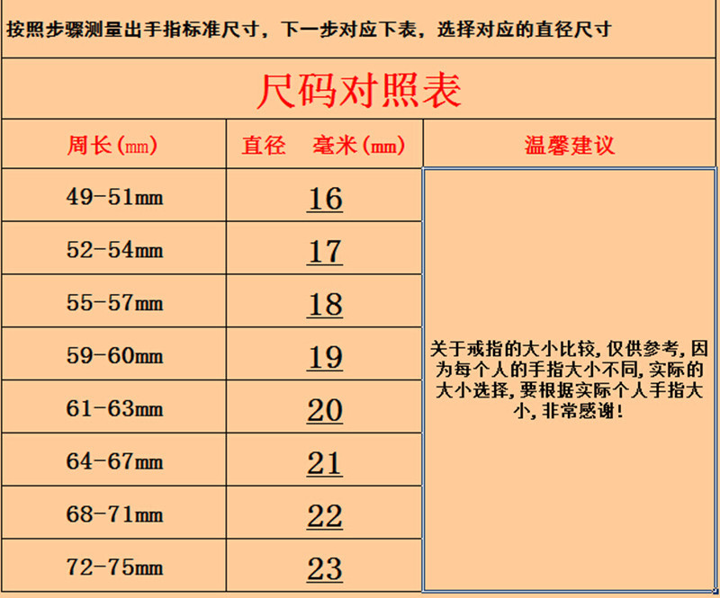 中文自制尺寸对照表