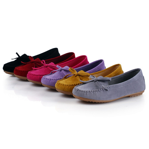 2019 New European and American Bowknot Tassel Cowhide Soft Bottom Flat Low Heel Single Shoes Round Toe Bean Shoes Pregnant Women's Shoes 