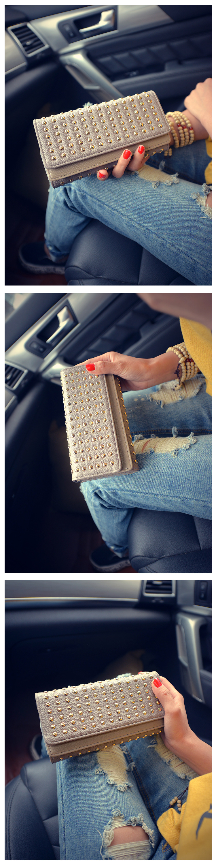 191g Weight Synthetic Leather Lining Material Flip Cover Closure Type Business Occasion Pu Leather Material Solid Color Pattern Women'S Gender Fashion Style Square Shape Grey, Black Color New Punk Style Fashion  Long Double Cover Wallet 1