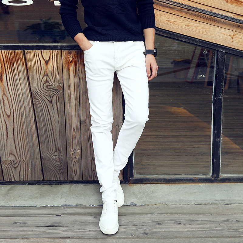 Spring and Autumn youth trendy white jeans men's white pants slim stretch men's pants skinny pants plus size White