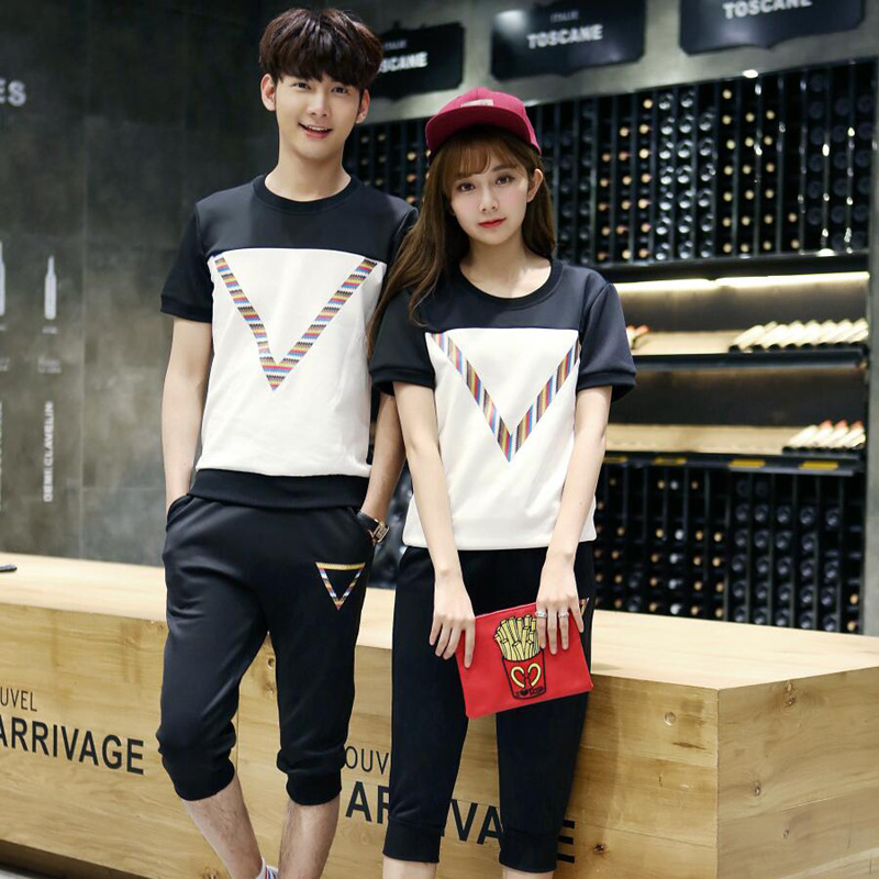 2018夏季男式韩版修身短袖卫衣七分裤套装潮流情侣休闲运动套装|ms