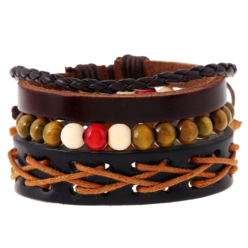 Ventes Directes D'usine Européenne Et Américaine Style Simple Vintage Armure Bovins En Cuir Bracelet Sangle De Transport En Cuir Bracelet Multi-couche Ensemble Bracelet display picture 4