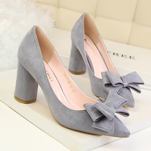 1376-1 a han edition shoes high heels round sweet mouth with thick with high with shallow point suede bow single shoes