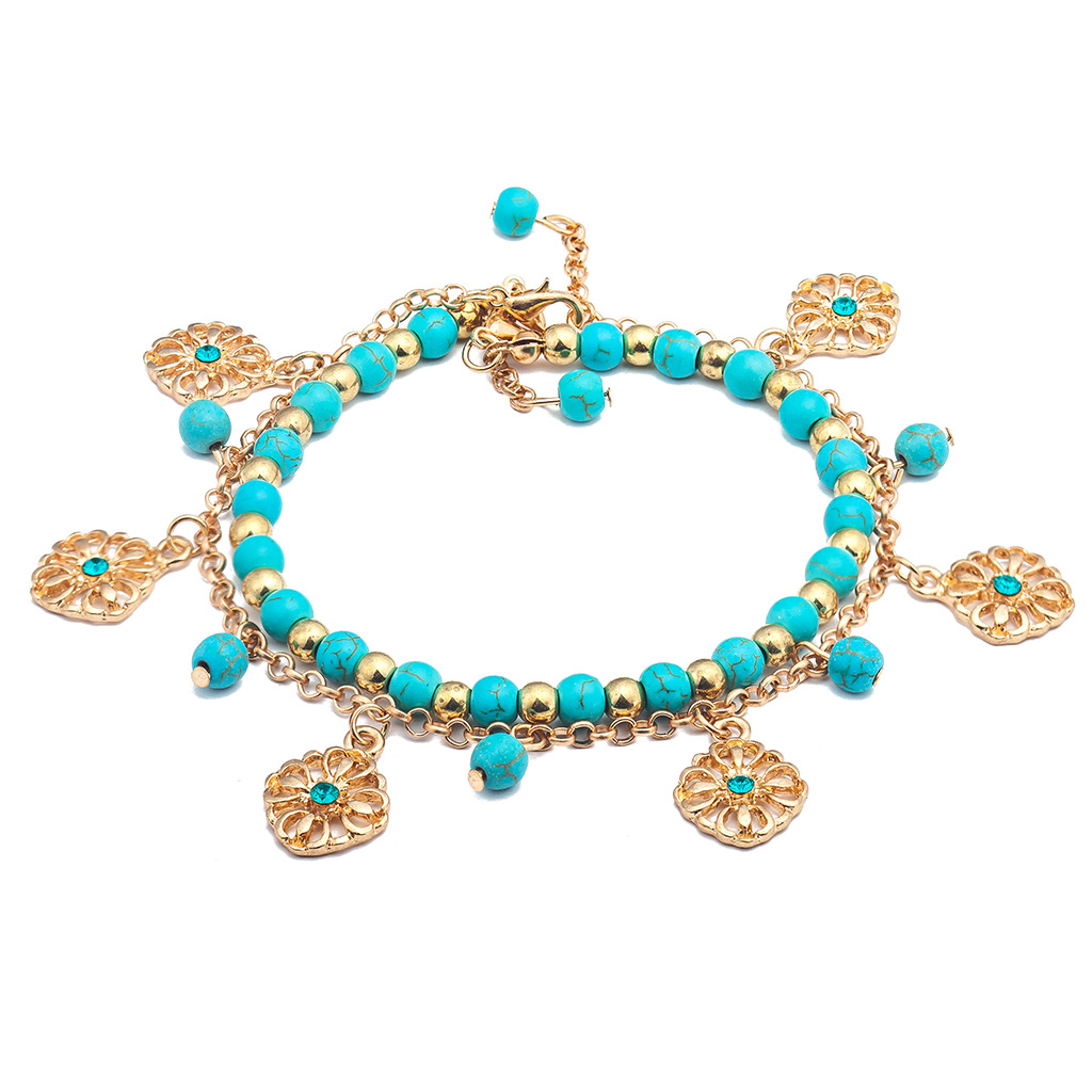 European and American fashion retro two-piece alloy turquoise bracelet hollow flower pendant women's jewelry wholesale