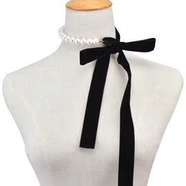 欧美新款热销时尚饰品 个性自由夸张项链 珍珠绒布组合蝴蝶结颈链