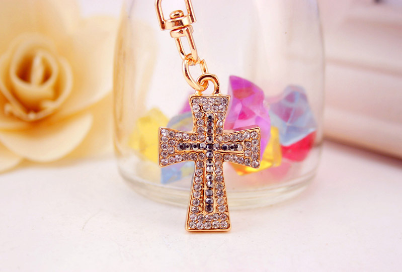 22g Weight Alloy, Metal Material Cross Pattern Unisex Gender Fashion New Car Accessories Color Diamond Cross Keychain 4