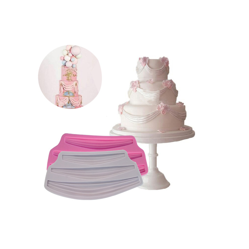 Grado Alimenticio de silicona fondant molde tres vintage satén cinta cortina borde herramienta chocolate al por mayor