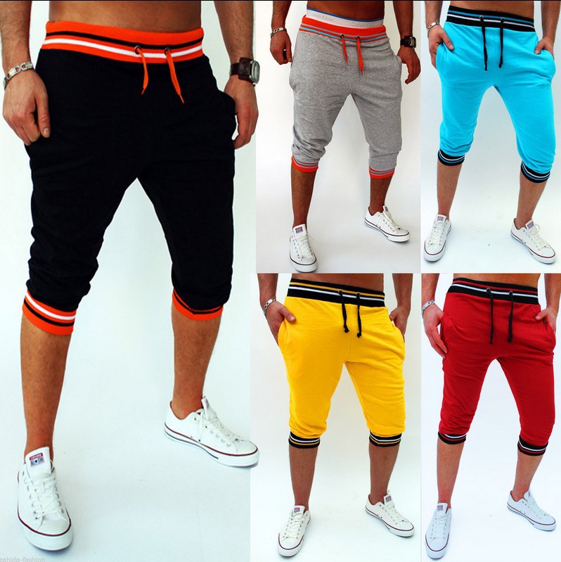 Men's Splicing Waist Casual Sports Capris Candy Color Series Stripe Rib Small Feet Sports Pants