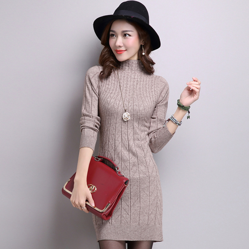 速卖通跨境爆款秋冬半高领中长款打底毛衣裙女修身包臀针织连衣裙|ru