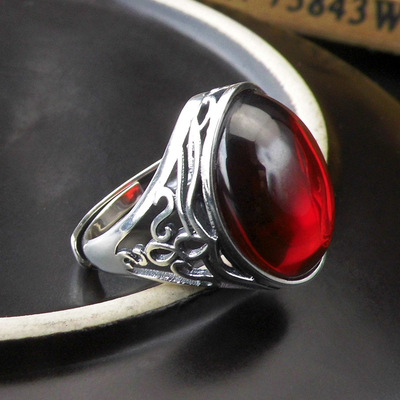 Dragon treasure S925 Garnet Opening Ring Retro Thai Silver Wide face Thick Ethnic style new pattern Ring