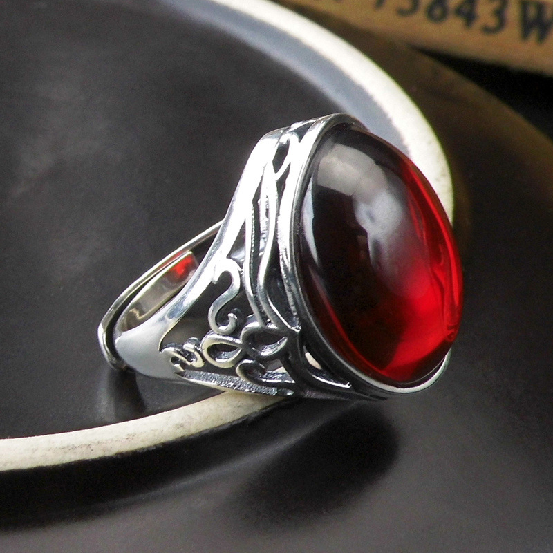 Dragon treasure S925 Garnet Opening Ring Retro Thai Silver Wide face Thick Ethnic style new pattern Ring