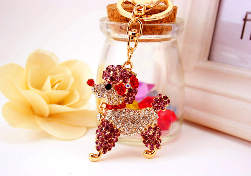 40g Weight Alloy, Metal Material Unisex Gender Pink, Purple, Red, Blue Color Korean Creative Cute Poodle Diamond Crystal Puppy Keychain Metal Pendant Wholesale 13