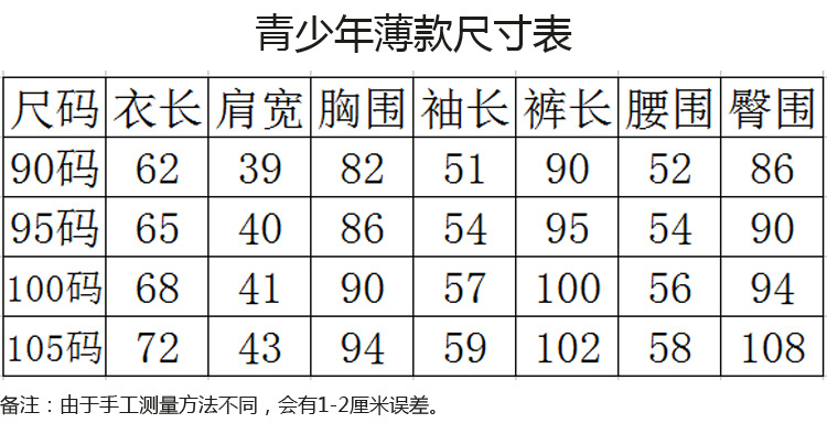 青少年尺寸表