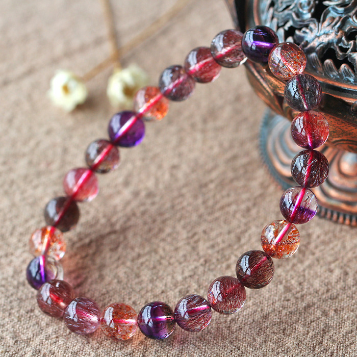 Biya Backbone Rose strawberry Bracelet 7.5mm Super seven FaJing Crystal Jewelry Crystal hair color