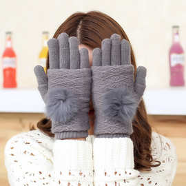 针织手套女仿羊绒兔毛球半指两用冬季天时尚韩版加厚保暖骑车手套