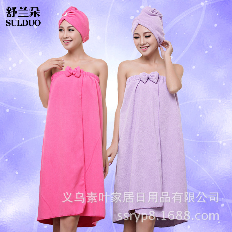 厂家现货混批超细纤维蝴蝶结抹胸浴巾可爱韩版浴裙干发帽套装批发|ru