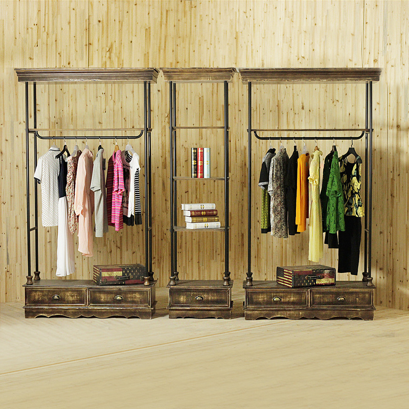 铁艺实木复古服装架服装店落地式展示架上墙中岛正挂衣架陈列货架