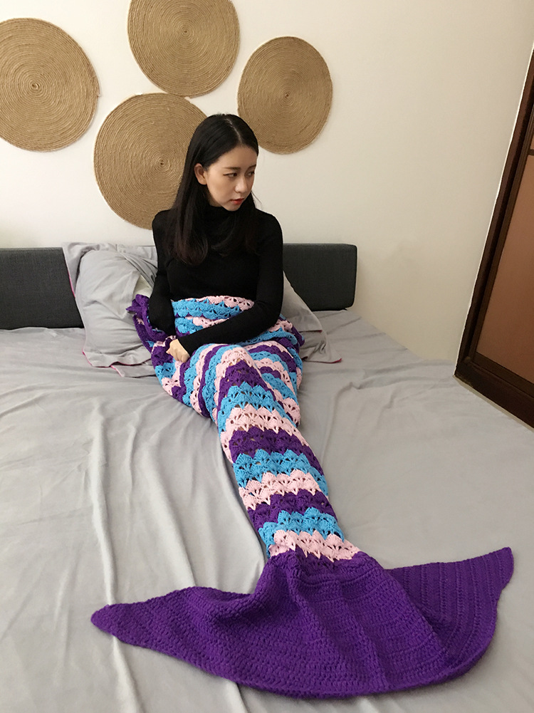 跨境專供手鈎條紋速賣通亞馬遜美人魚毯子電視蓋毯空調毯午睡毯