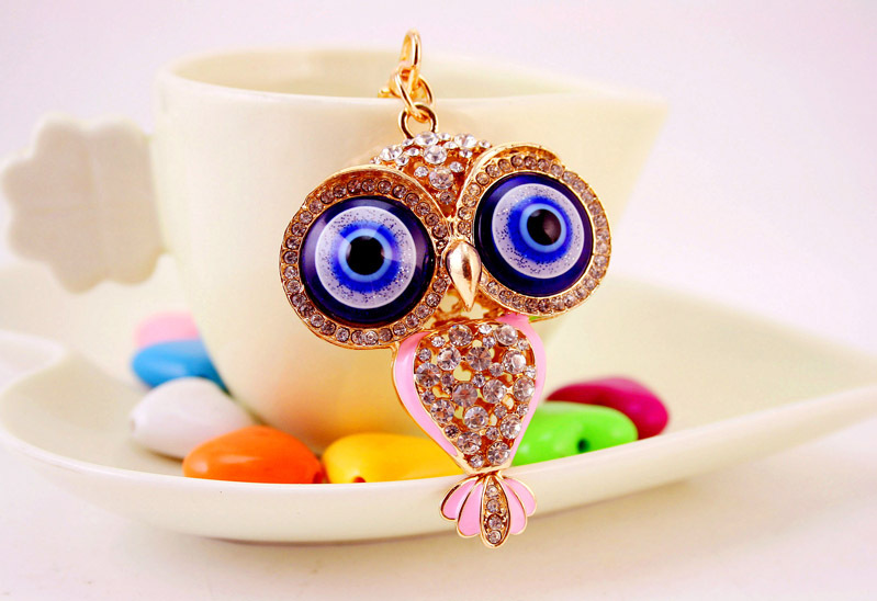 46g Weight Alloy, Metal Material Owl Pattern Unisex Gender Pink, Red, Blue, Black Color Korean  Creative Cute Cartoon Big-eyed Cute Owl Diamond Keychain 7