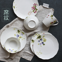 日韓式骨瓷餐具 馬克杯 牛排西餐盤子 米飯碗 水果浮雕席紋系列