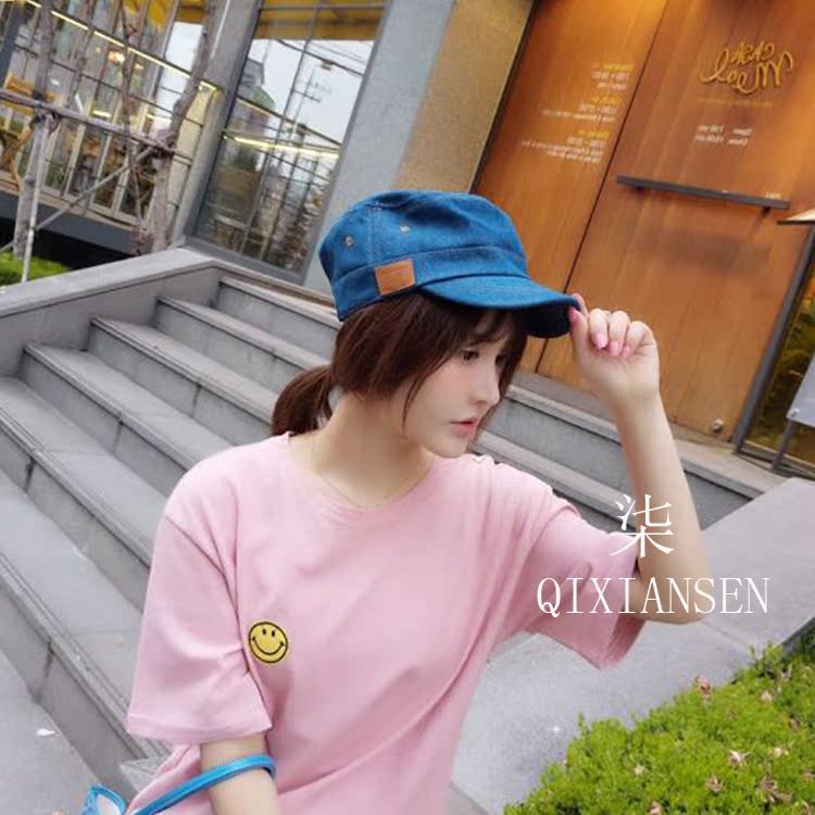 批发采购帽子-韩国平顶帽女贴布皮标牛仔布女