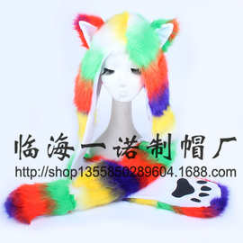 跨境欧美仿皮草帽子围巾手套一体动物帽毛绒帽子毛绒帽冬季万圣节