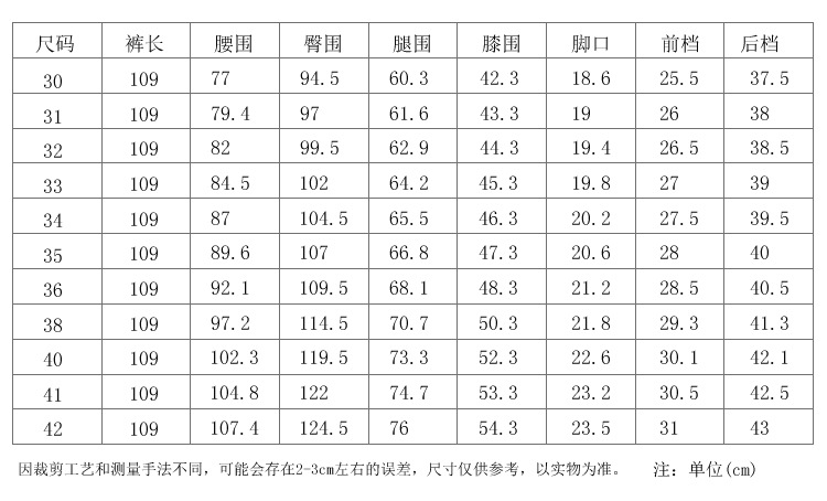 尺碼表