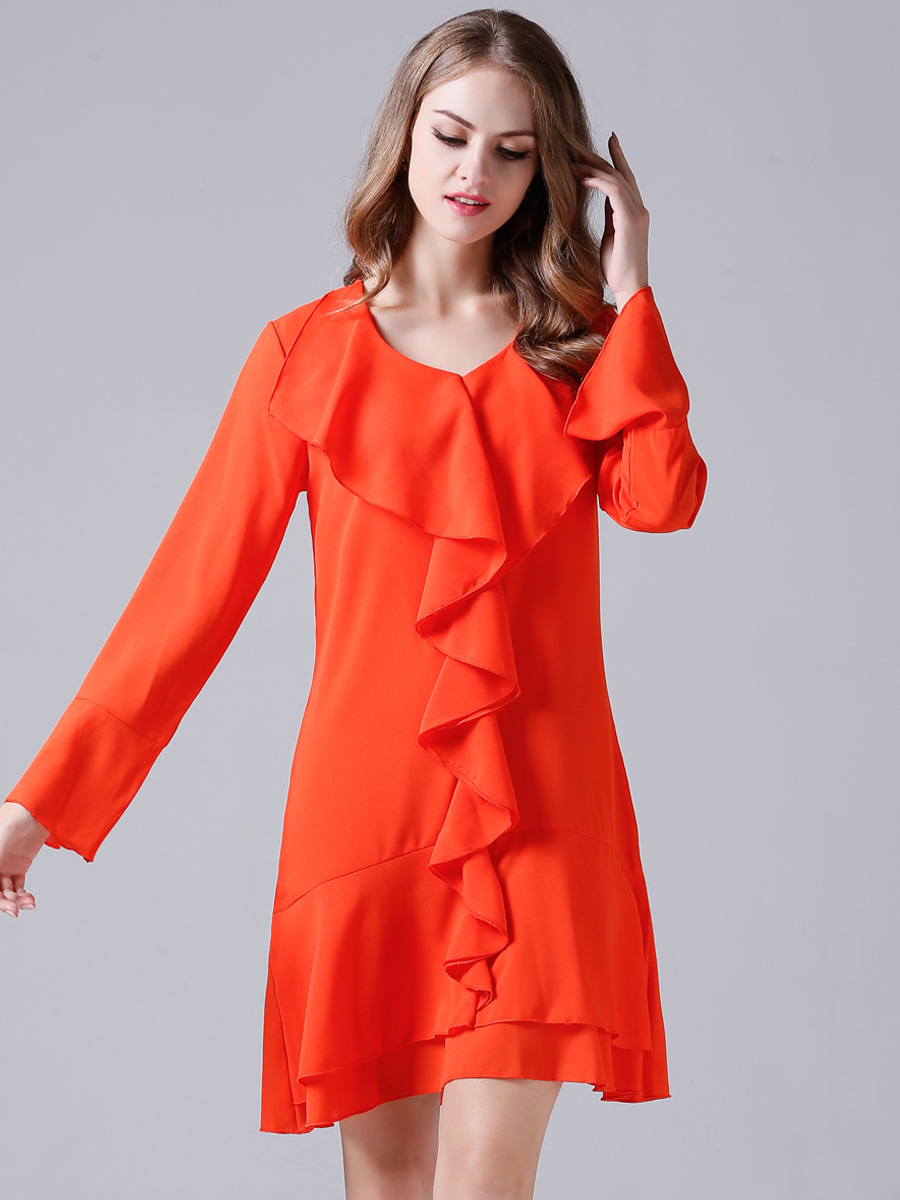 frill collar slim chiffon long-sleeved dress NSJR51582